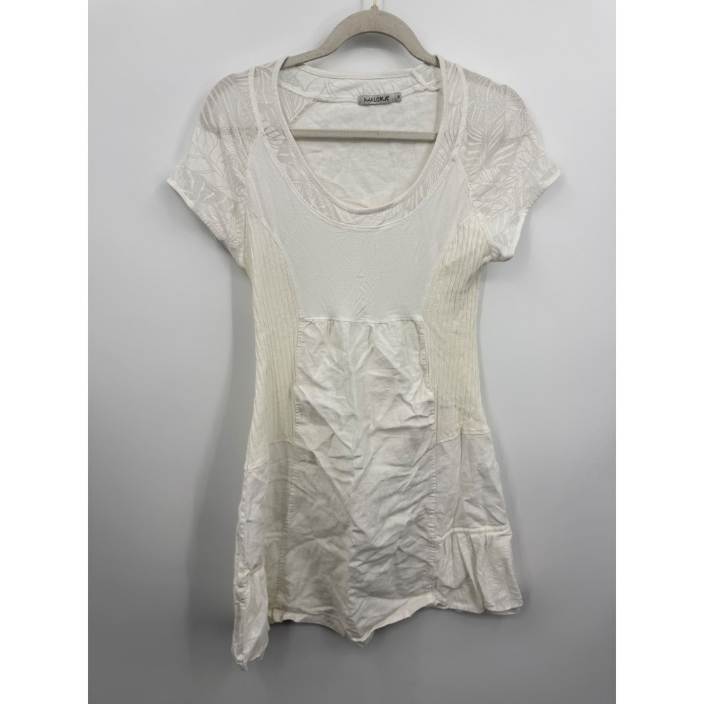 Maloka Mixed Media Mini Dress Womens 4 White Linen‎ Cotton Burnout Short Sleeve
